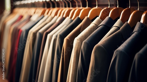 Selection of tailored suits on hangers in a boutique
