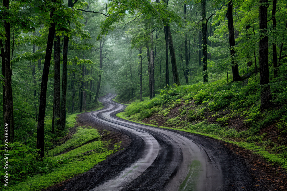 Fototapeta premium A lonely dirt road through the dark forest in the mist, generative ai