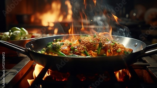 Fiery cooking scene with wok on fire, chef’s dramatic preparation
