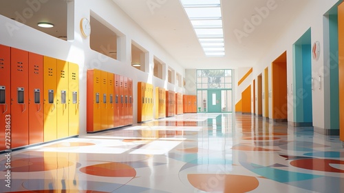 Sunny school passage with bright lockers and a mosaic tiled floor