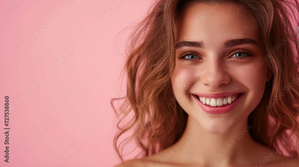 Fototapeta premium In this delightful close-up, an attractive and smart young lady wears a lovely smile on pink pastel background