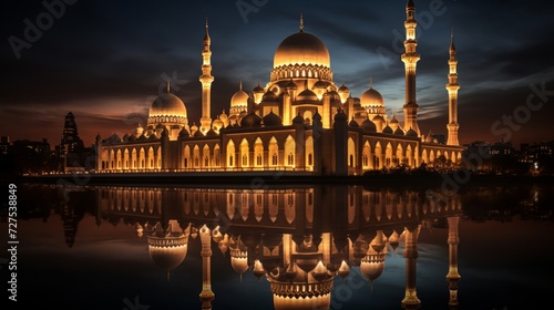 Tranquil mosque with golden lights at twilight