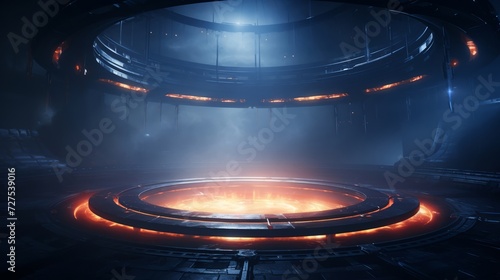 Sci-fi arena with glowing rings hovering above, in a dark atmospheric fog