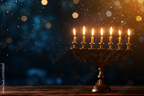 Abstract Hanukkah background with a defocused menorah and bright dust on a wooden table.