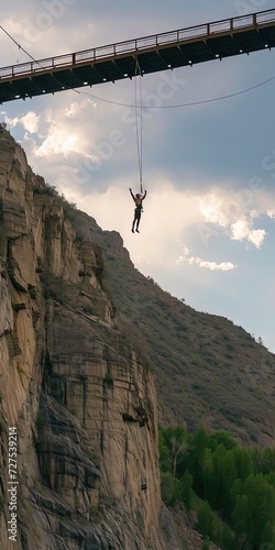 Fotografia Bungie jumper jumping off bridge with bungie cord attached