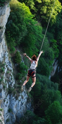 Fototapet Bungie jumper jumping off bridge with bungie cord attached