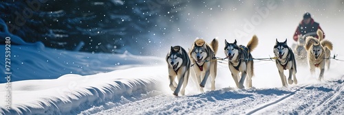 Dog sled being pulled by running Siberian husky dogs photo