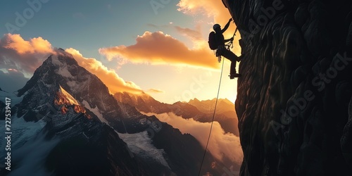 Rock climber scaling a large cliff in natural landscape