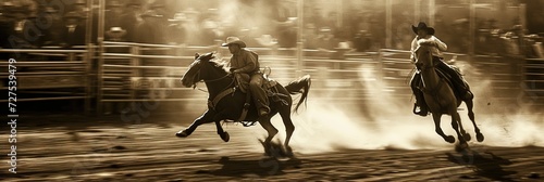 Rodeo concept with cowboy riding horse in dirt arena
