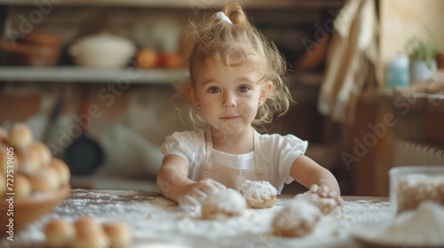 Cute girl child baking while looking at camera