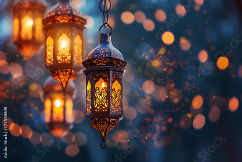 Creating Eid Mubarak cards for Muslim holidays, celebrating the Eid-ul-Adha festival with the inclusion of Arabic Ramadan lanterns and decorative lamps.