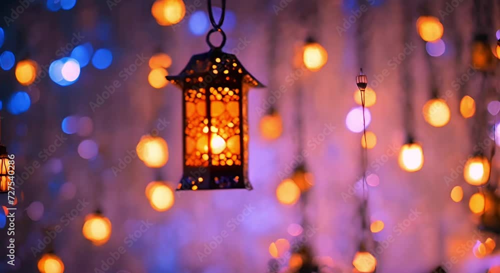 Nighttime Festive Glow: A vibrant blend of Islamic Ramadan Kareem lanterns and lights adorning the streets, casting a colorful and blurred bokeh, creating a festive celebration in the dark cityscape Nighttime Festive Glow: A vibrant blend of Islamic Ramadan Kareem lanterns and lights adorning the streets, casting a colorful and blurred bokeh, creating a festive celebration in the dark cityscape