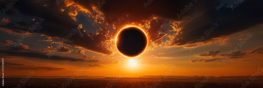 Solar eclipse panoramic view of the sky while the moon blocks the sun - obrazy, fototapety, plakaty 