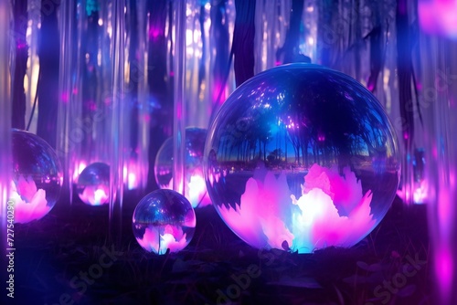 Glowing crystal ball on the background of the night forest, close-up