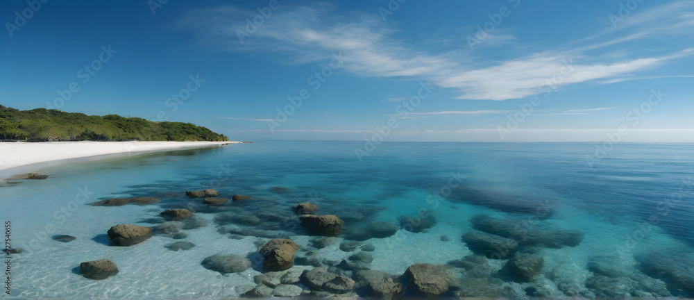 Clear seawater and blue sky. 3:1 landscape banner and background style. Space for text. Suitable for website headers or background images.