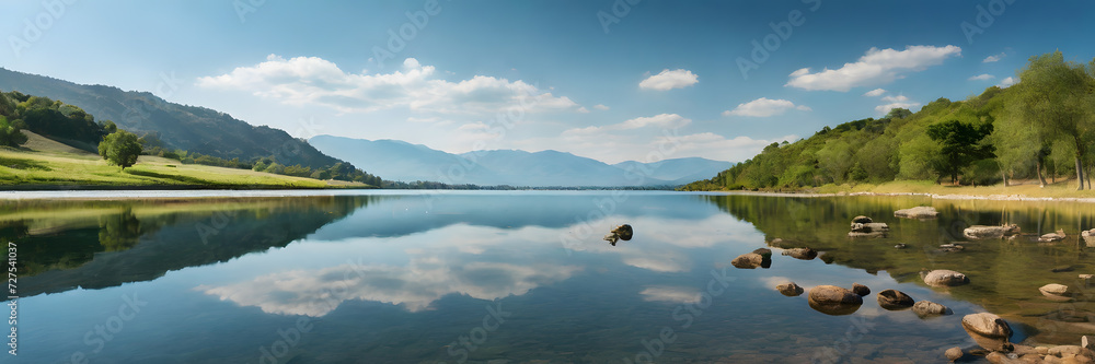 Peaceful lakes, with the water reflecting the surrounding natural scenery. 3:1 landscape banner and background style. Space for text. Suitable for website headers or background images.