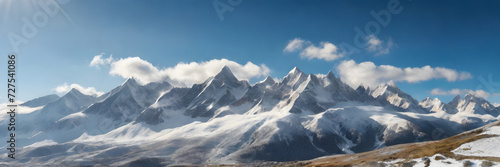 Snow-capped peaks illuminated by sunlight  presenting a magnificent natural landscape. 3 1 landscape banner and background style. Space for text. Suitable for website headers or background images.