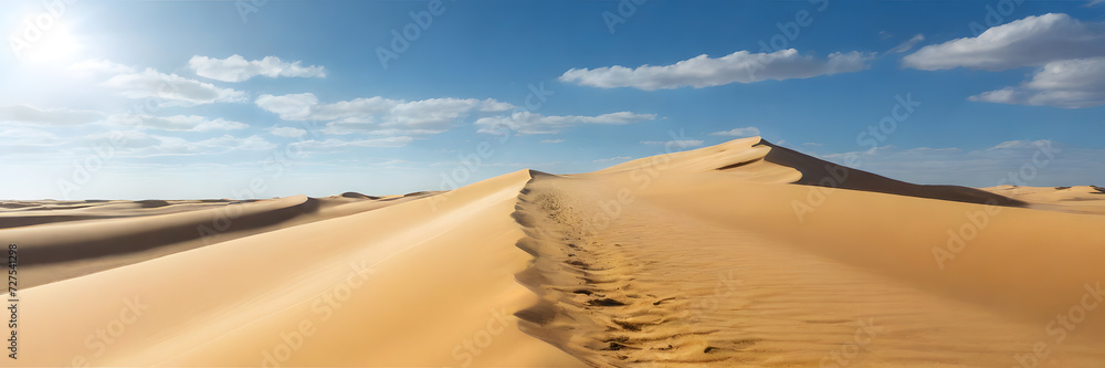 Vast desert scenery, golden sand dunes against a blue sky. 3:1 landscape banner and background style. Space for text. Suitable for website headers or background images.