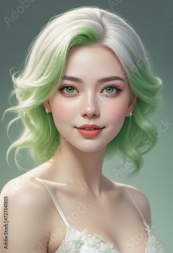 Portrait of a beautiful young woman with green hair and white dress