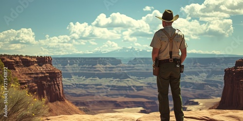 Park ranger with a hat standing in front of a national park setting outdoors photo