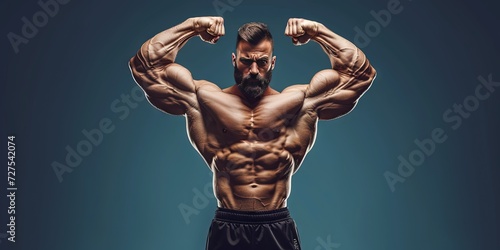 Male bodybuilder with muscular frame posing and flexing