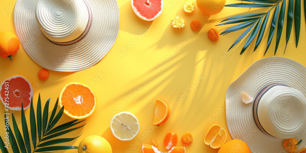 Obraz premium Top view orange fruits palms hat and straw hat on yellow background, Minimal fashion summer holiday concept. Flat lay