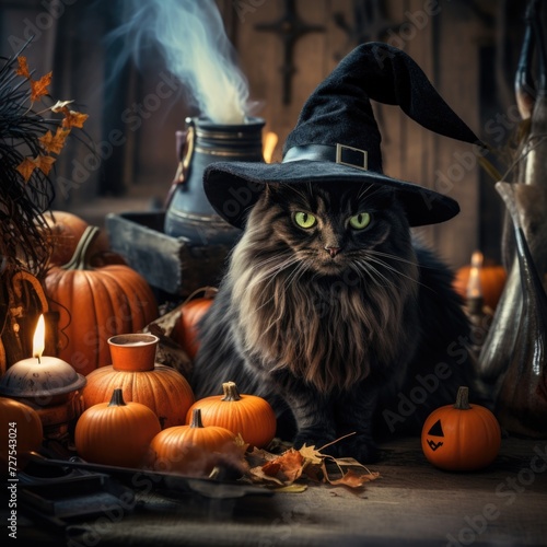 A cat wearing a witch hat and surrounded by pumpkins. Generative AI. © serg3d