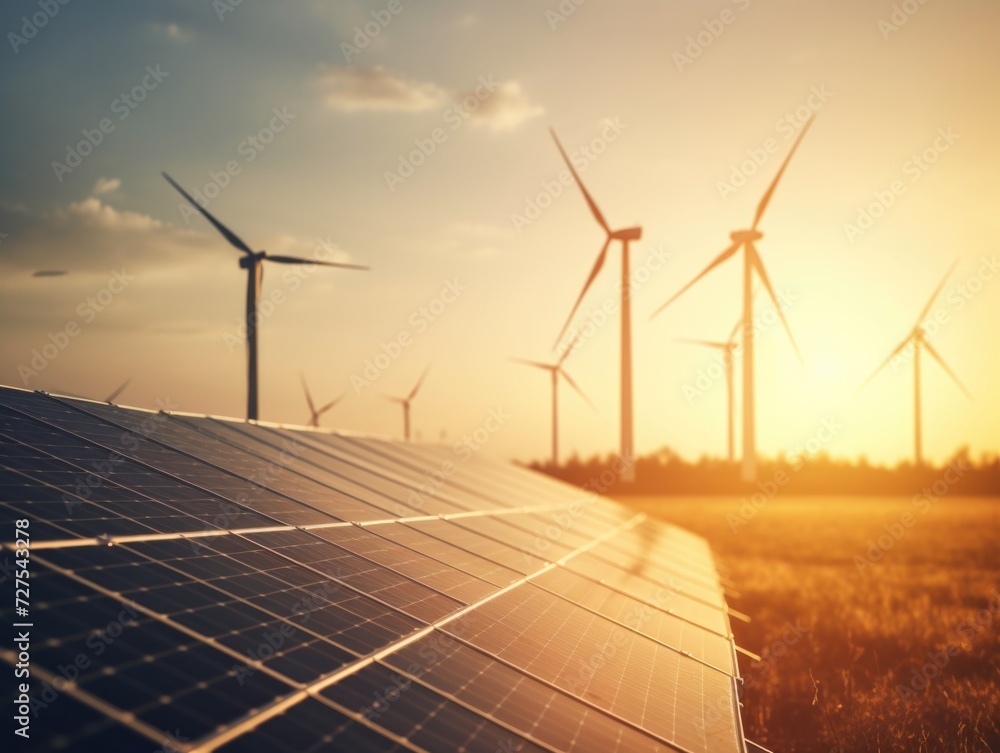 Solar panels and wind turbines in the sunset. Generative AI. Solar panels and wind turbines in the sunset. Generative AI.