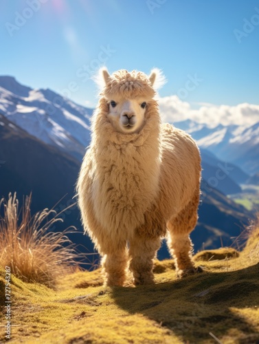 A llama stands on a hillside with mountains in the background. Generative AI.