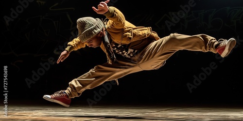 Hip-hop breakdancer performing a complicated and eye-catching move during the musical break