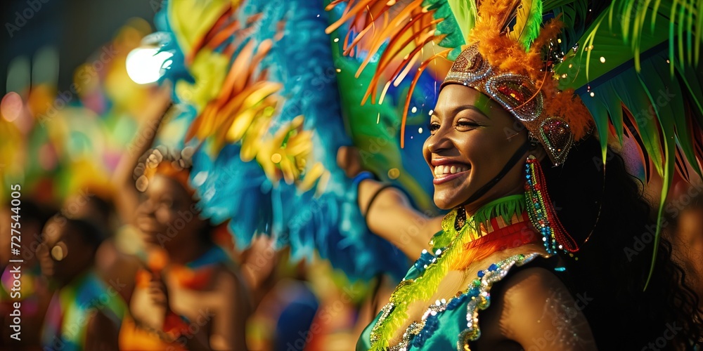 Fototapeta premium Carnival Brazil holiday celebration. Reveler with colorful paint and feathers. 
