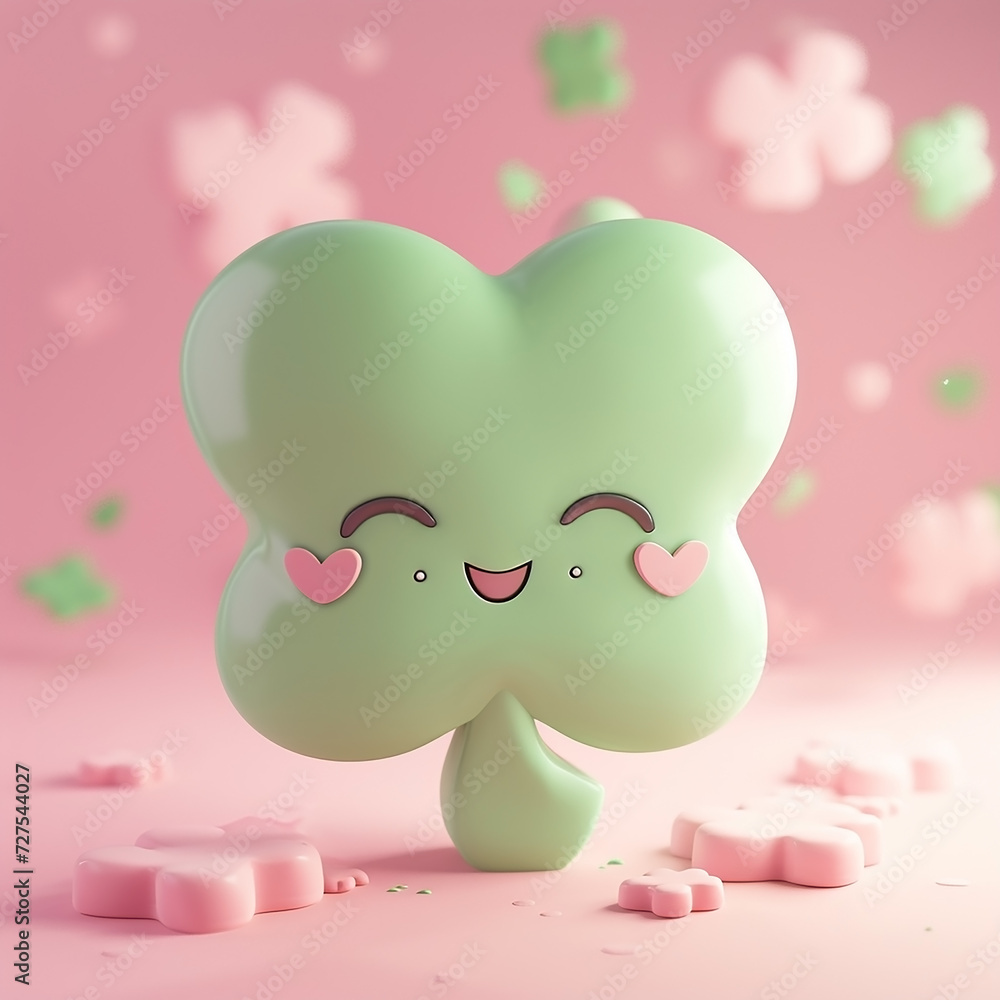 A smiling shamrock with eyes and a cute face, love element, soft pastel colors, 3d icon clay render. A smiling shamrock with eyes and a cute face, love element, soft pastel colors, 3d icon clay render.