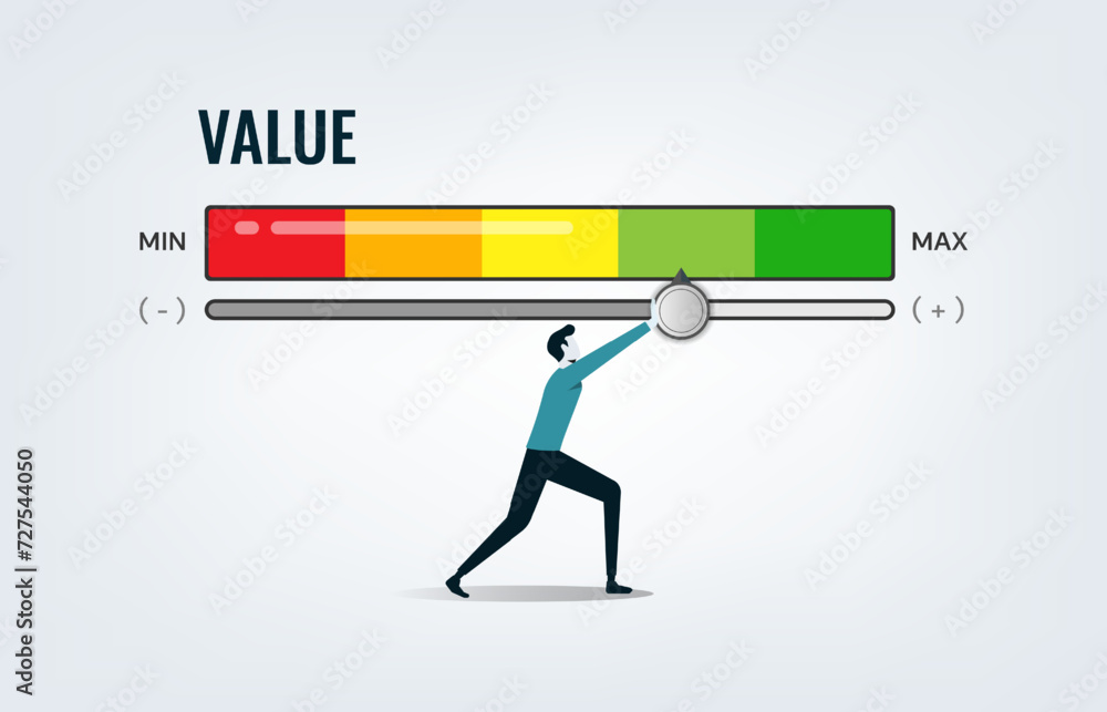 Growth value, increase value, value added or business growth concept. Businessman pushing progress bar up to maximum position with the word VALUE Growth value, increase value, value added or business growth concept. Businessman pushing progress bar up to maximum position with the word VALUE