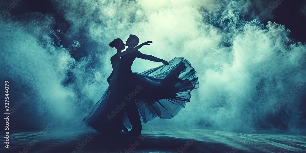 Ballroom dancers with smoke and light, dancing  on stage - obrazy, fototapety, plakaty 