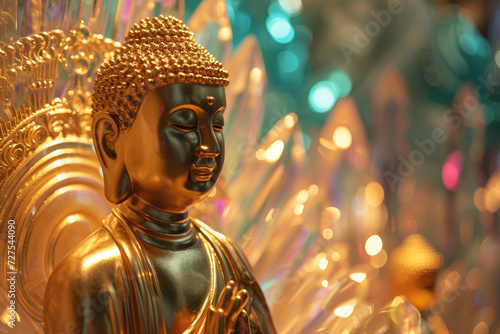 3d gold buddha in front of a colorful crystal lotus, nature background © Kien