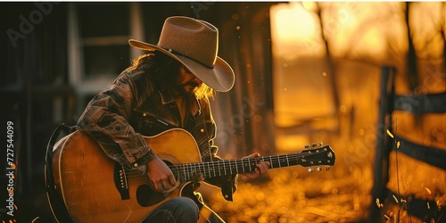 Country music singer playing the guitar in an idyllic country setting photo