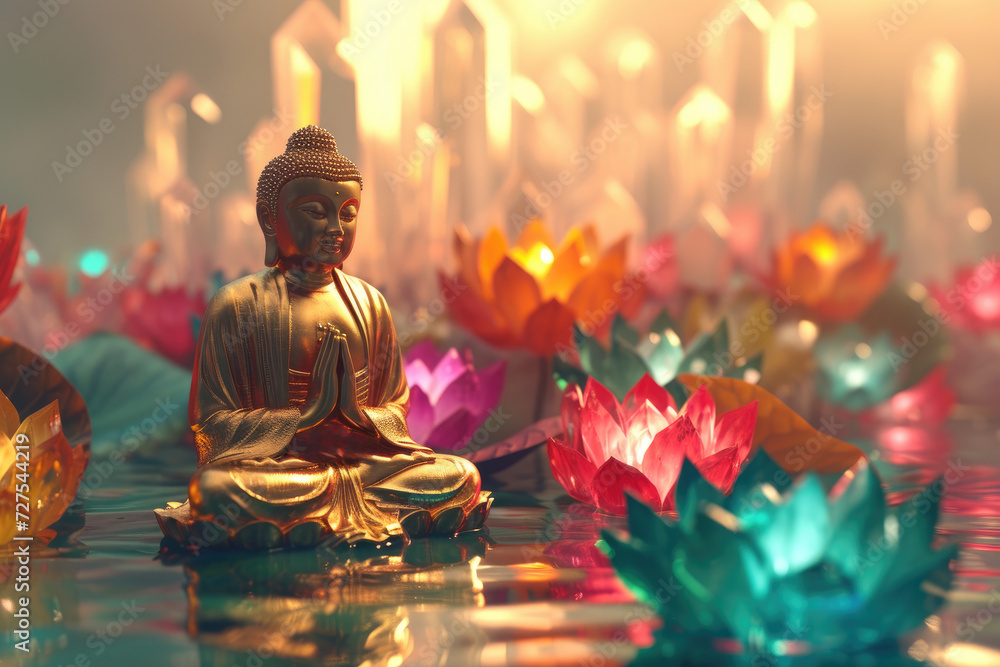 3d gold buddha in front of a colorful crystal lotus, nature background