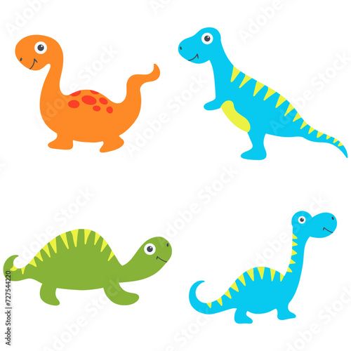 Adorable Dinosaurs Illustration Set. Flat Cartoon Style. Isolated On White Background