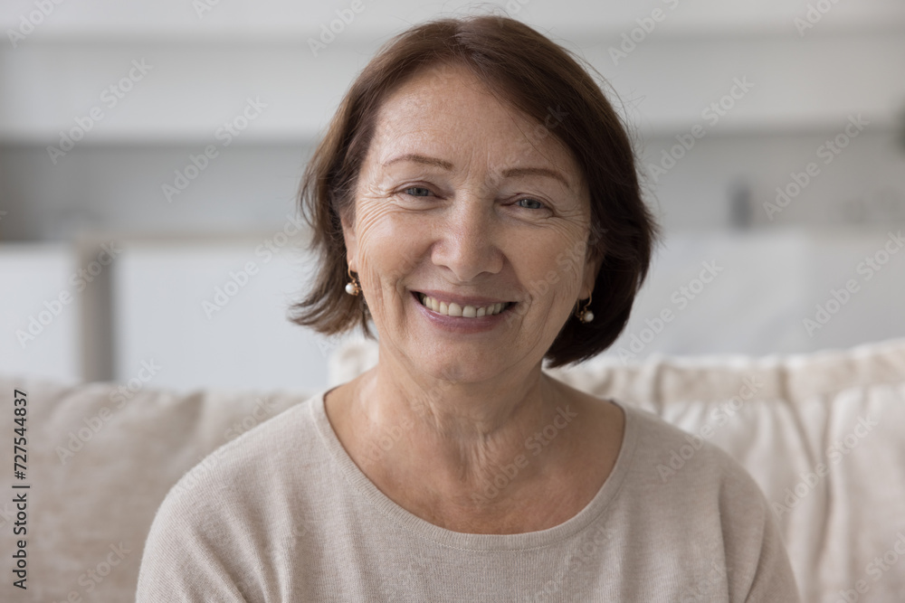 Positive mature older retired woman home head shot portrait. Female