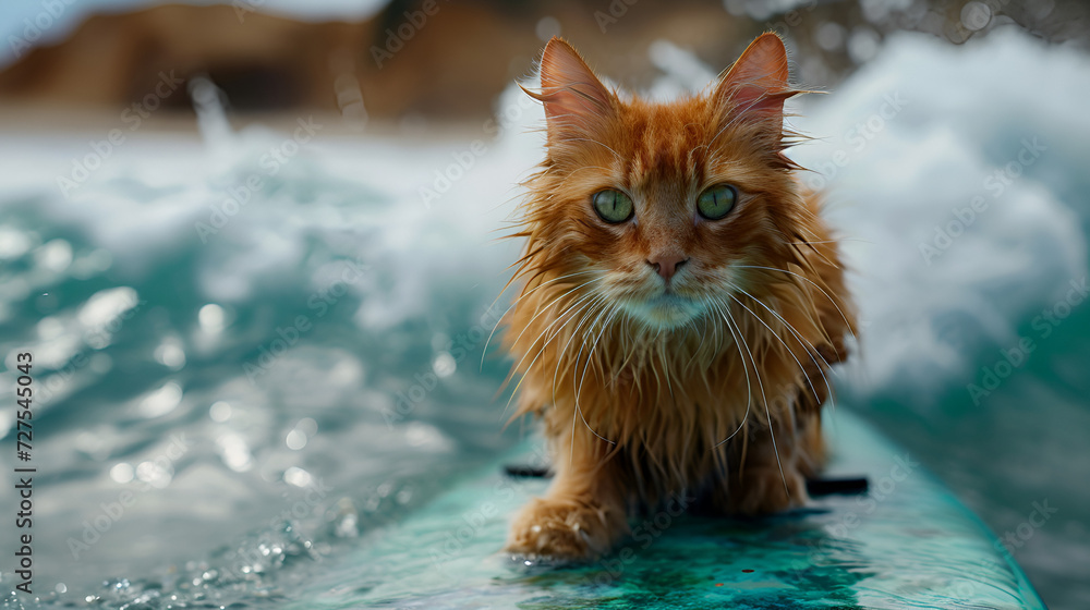 Obraz premium a red cat with blue eyes is surfing on a board in the ocean against a background of beautiful white clouds with space for text