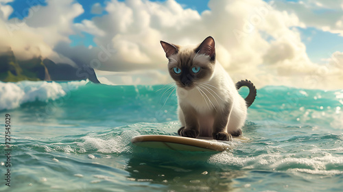 Siamese cat with blue eyes surfs on a board in the ocean against a background of beautiful white clouds with space for text