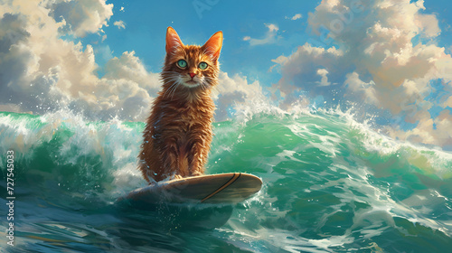 a red cat with blue eyes is surfing on a board in the ocean against a background of beautiful white clouds with space for text photo