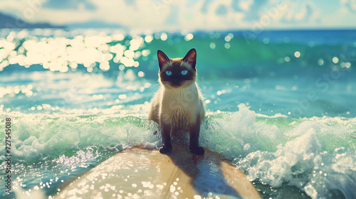 Siamese cat with blue eyes surfs on a board in the ocean against a background of beautiful white clouds with space for text