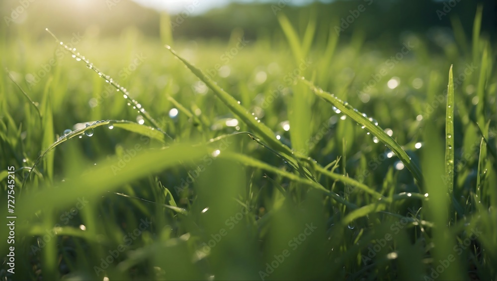 Close-up of fresh thick grass with water drops in the early morning dew