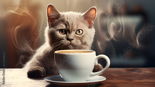 beautiful fluffy gray cat closeup with a mug of coffee on a dark background with space for text