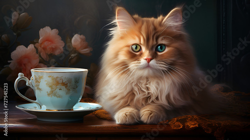 beautiful fluffy ginger cat closeup with a mug of coffee on a dark background with space for text