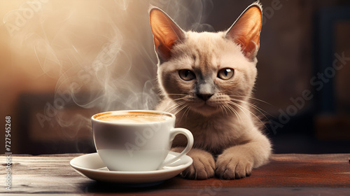 beautiful gray cat closeup with a mug of coffee on a dark background with space for text