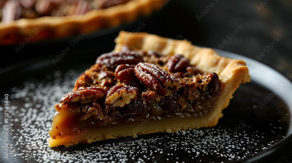 piece of pecan pie close up on black background piece of pecan pie close up on black background
