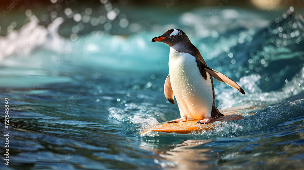 Fototapeta premium penguin surfing on a board in the ocean on a background with space for text