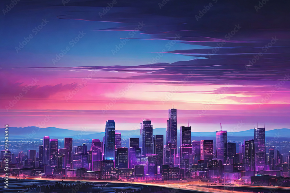 City lights aglow. Twilight urban cityscape with illuminated buildings, set against a stunning gradient sky from indigo to magenta. A mesmerizing skyline moment. 